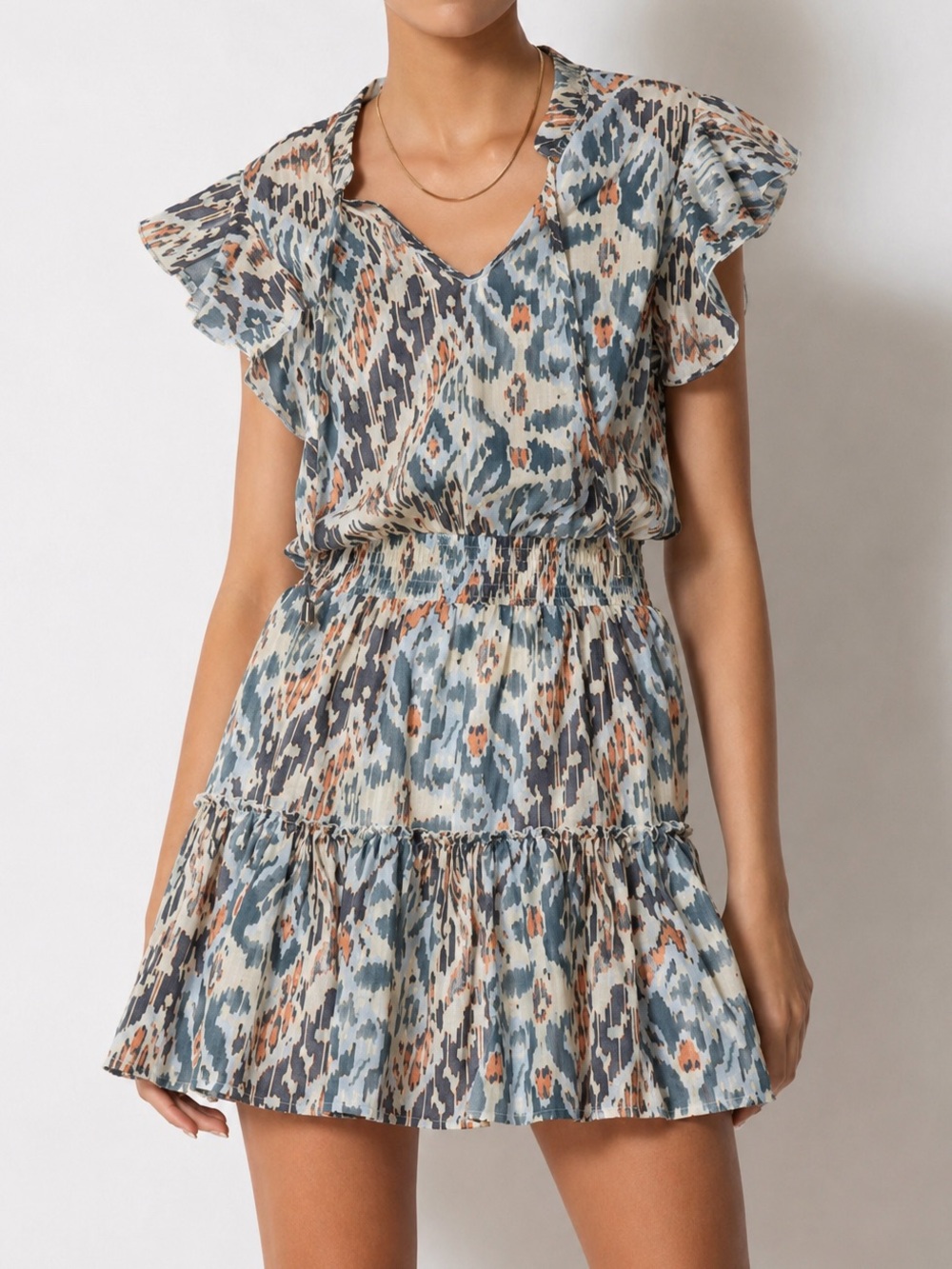 Tart Ezra Aztec Tribal Flutter Sleeve Smocked Mini Dress Boho Size S